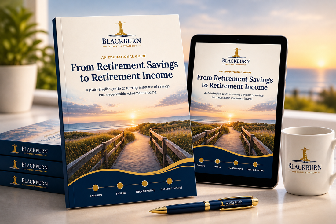 A printed copy and a tablet displaying the cover of Blackburn's free guide, From Retirement Savings to Retirement Income, on a desk.