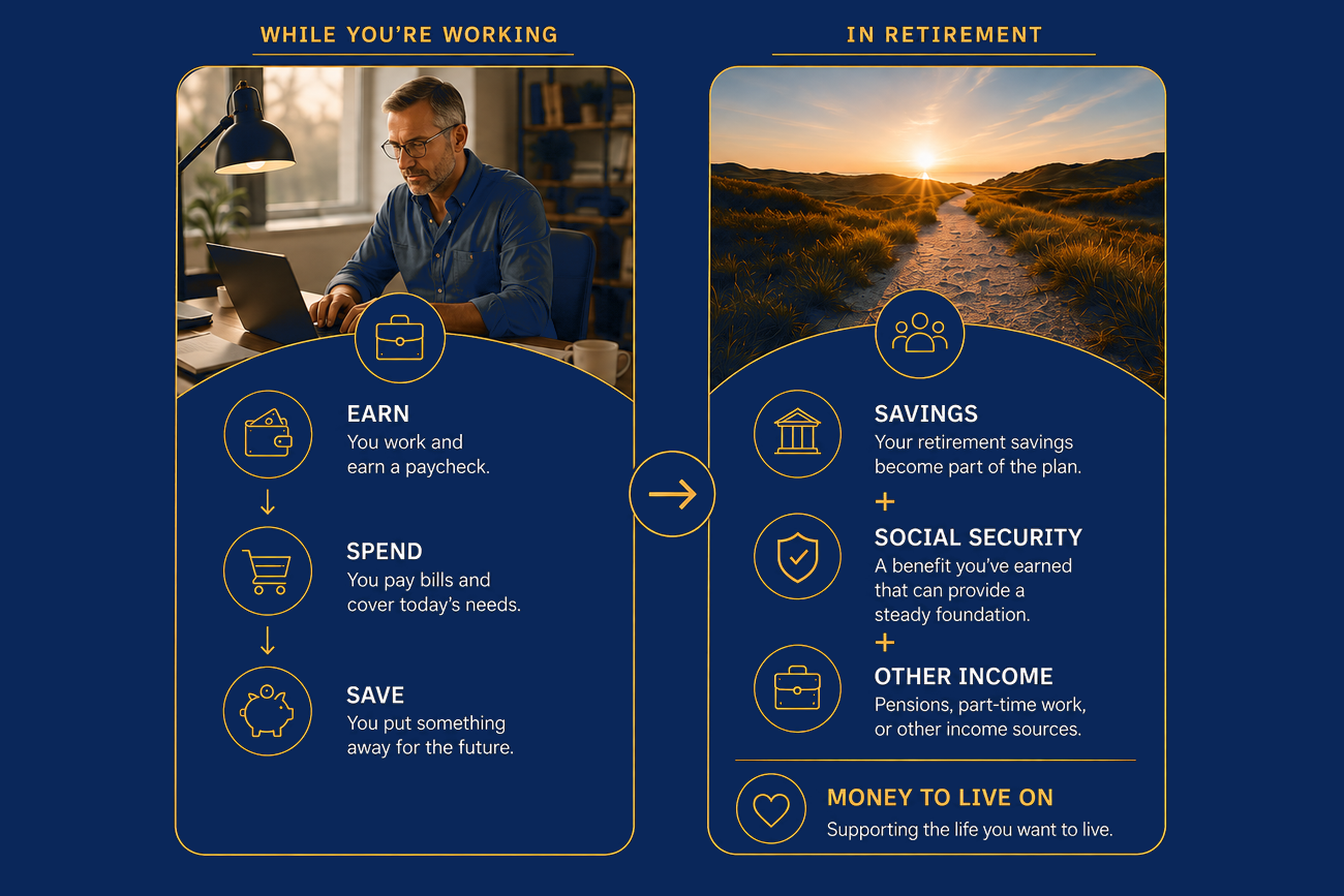 Diagram comparing a working routine — earn, spend, save — to a retirement routine, where savings, Social Security, and other income sources combine into money to live on.